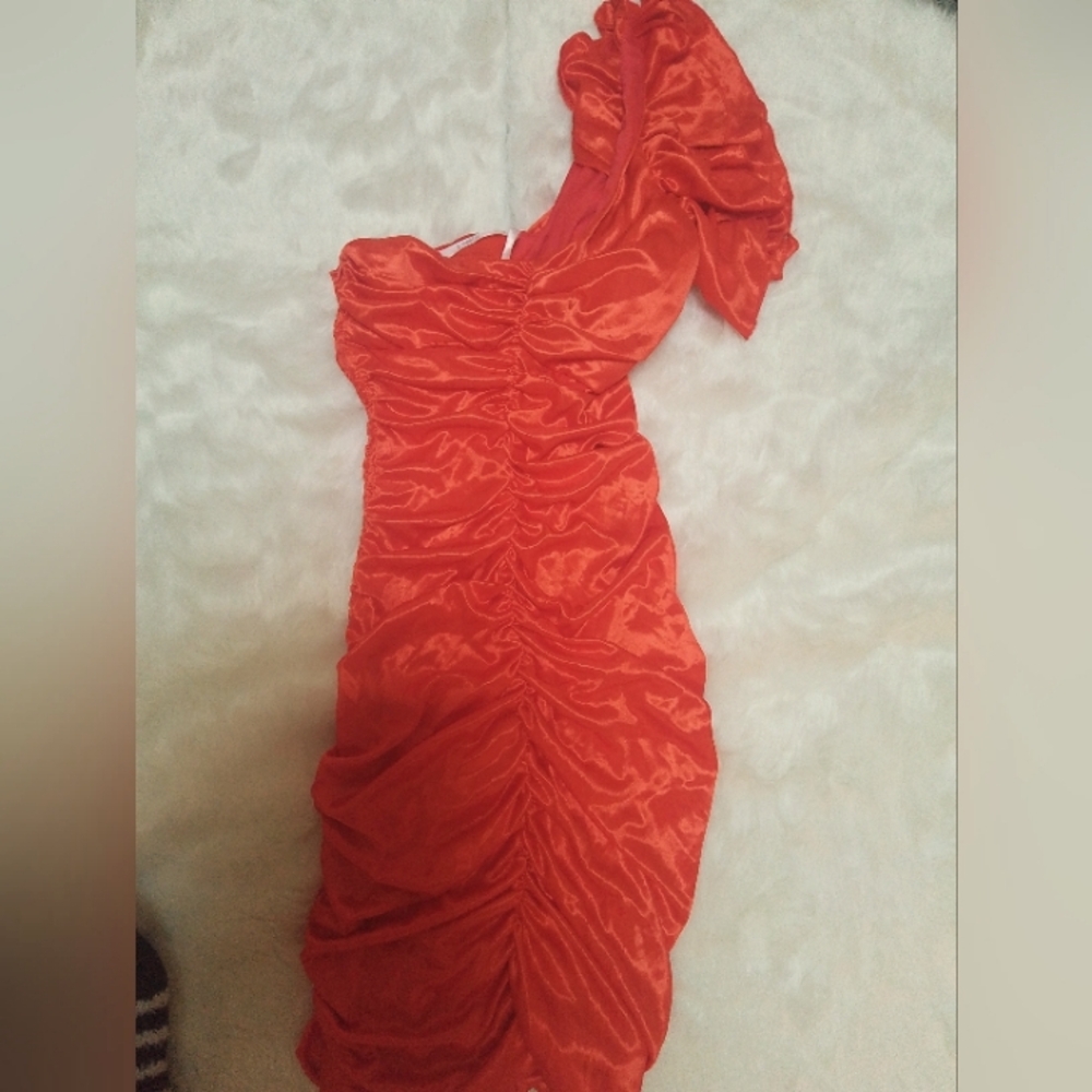 Reddish orange casual, classy one side arm dress